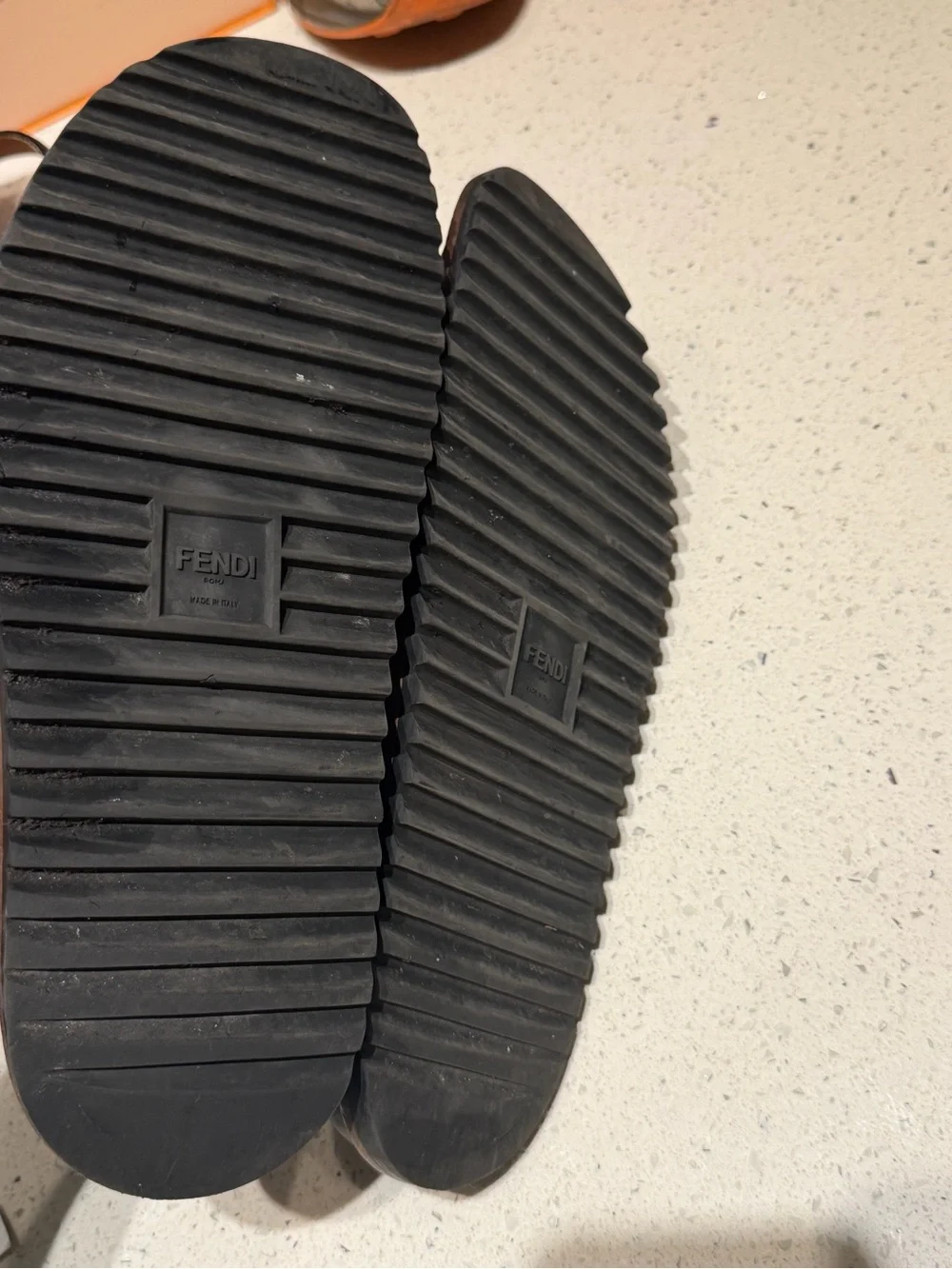 $810 Men's Fendi Brown and Black Zucca print Slide Sandals